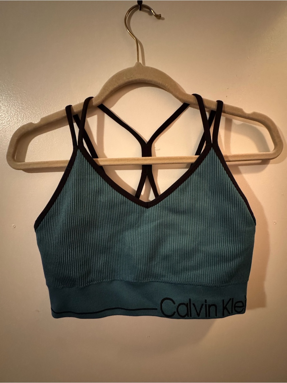 Calvin Klein Teal Ribbed Cross-Back Bralette with Black Trim